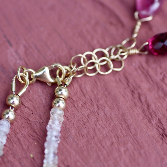 Rubellite Rhodolite Sapphire Necklace Bracelet, 14k Gold Gemstone Wrap 36.3"–37" - Picture 6 of 12